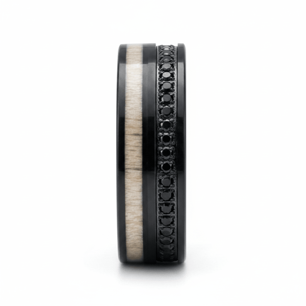 NIGHTMERE — Front-facing straight-on view — men's tungsten wedding ring.