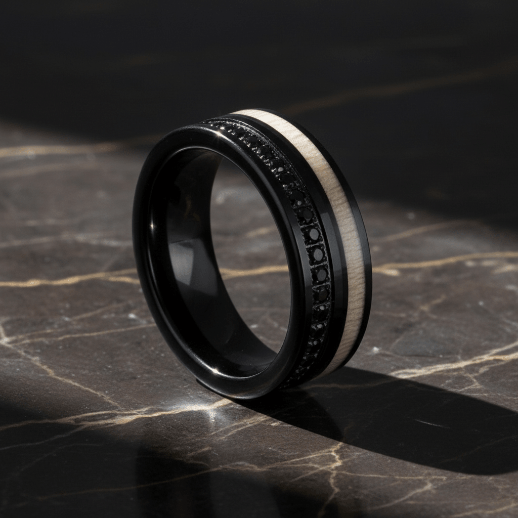 NIGHTMERE — Luxury 3/4 angle on dark marble — men's tungsten wedding ring.