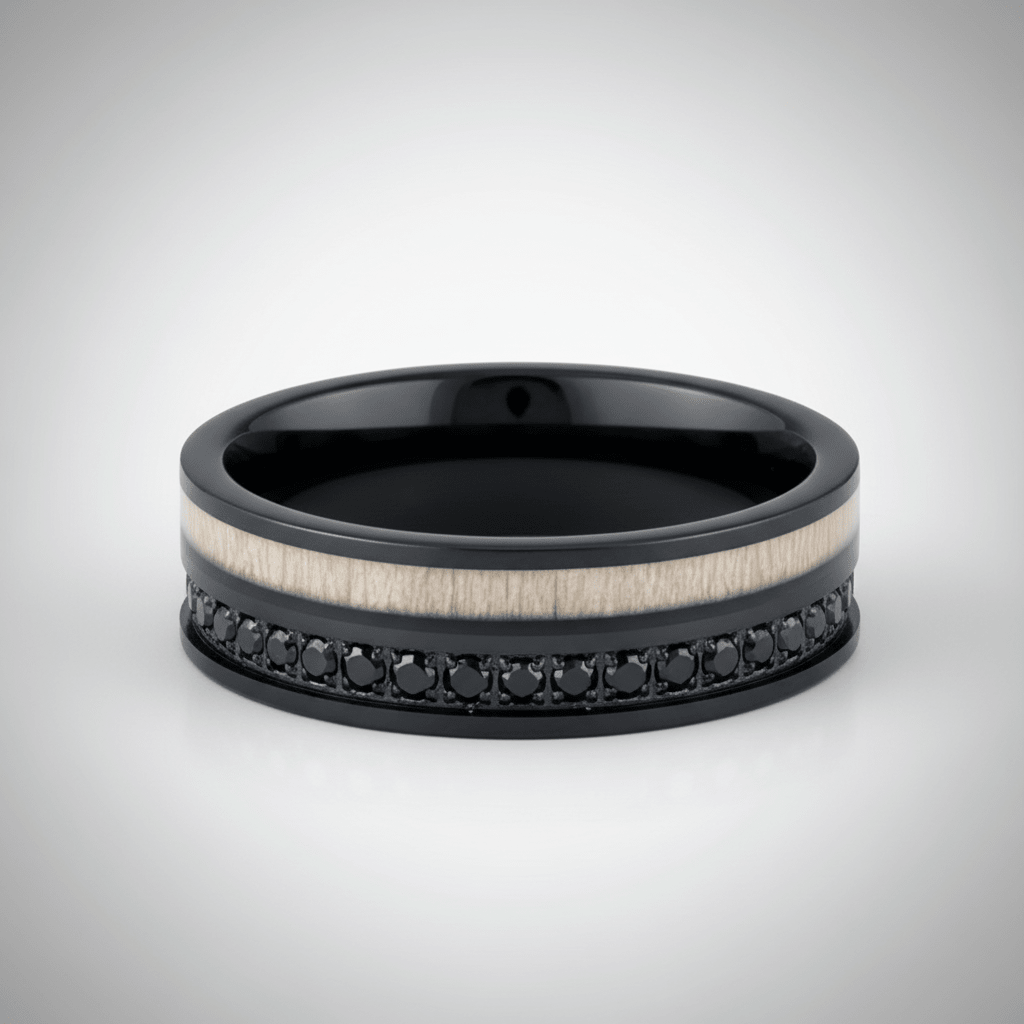 NIGHTMERE — Center-through axial view — men's tungsten wedding ring.