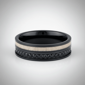NIGHTMERE — Center-through axial view — men's tungsten wedding ring.