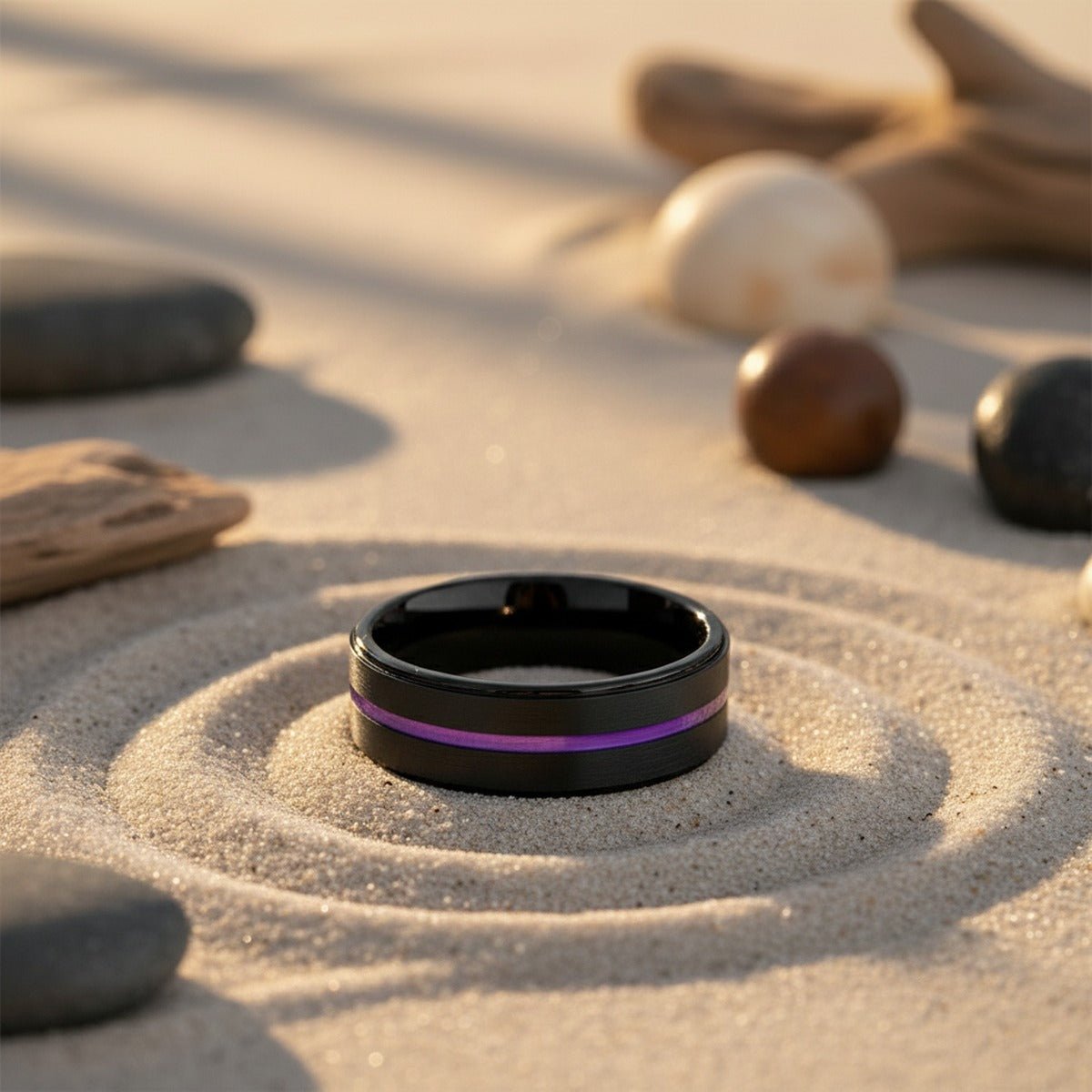 NIGHTSHADE | Black Ring, Black Tungsten Ring, Purple Groove, Stepped Edge lifestyle photography