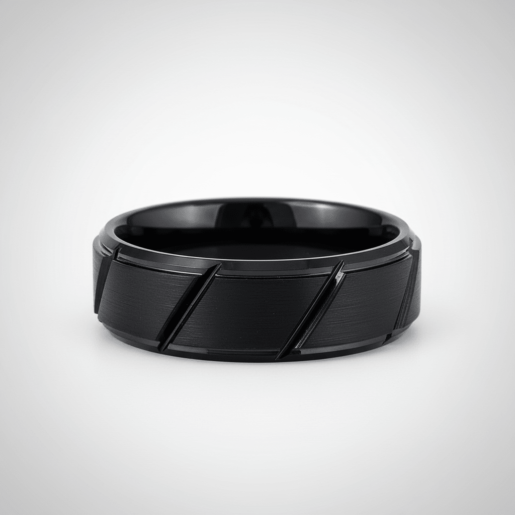 NIGHTWORK — angled view — men's tungsten carbide wedding ring | Aydins Jewelry