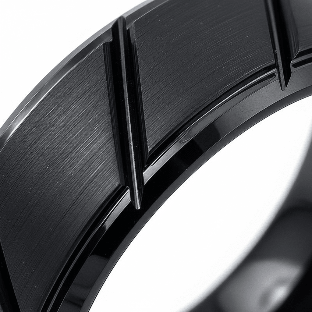 NIGHTWORK — close-up detail — men's tungsten carbide wedding ring | Aydins Jewelry