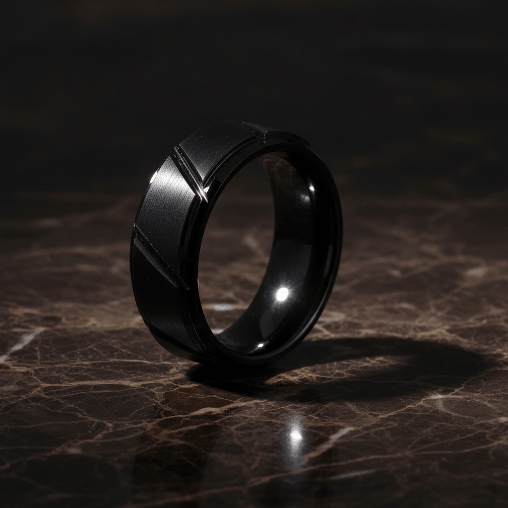 NIGHTWORK — close-up detail — men's tungsten carbide wedding ring | Aydins Jewelry