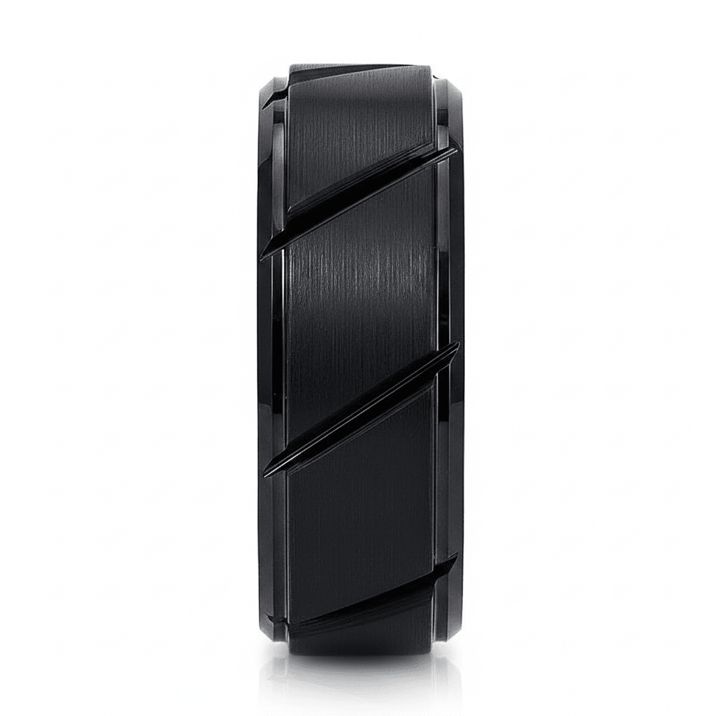 NIGHTWORK — detail view — men's tungsten carbide wedding ring | Aydins Jewelry