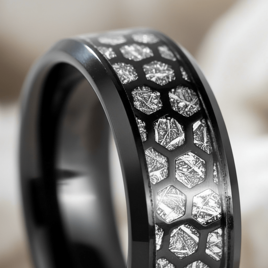 NIKNAM — Extreme macro detail — men's tungsten wedding ring.