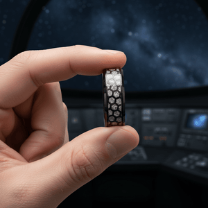 NIKNAM — Held between fingers close-up — men's tungsten wedding ring.