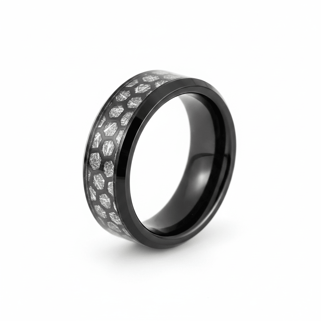 NIKNAM — Hero product shot — men's tungsten wedding ring.