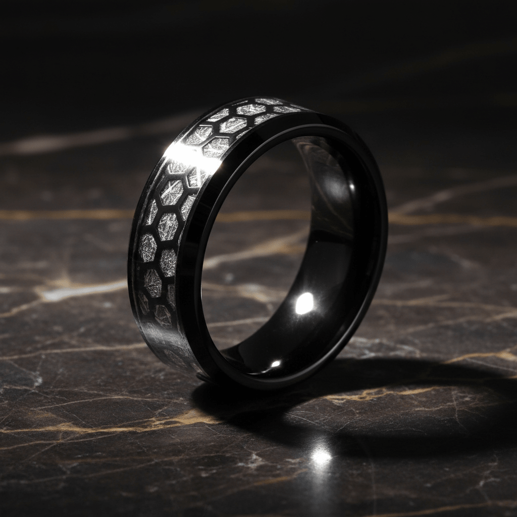 NIKNAM — Luxury 3/4 angle on dark marble — men's tungsten wedding ring.
