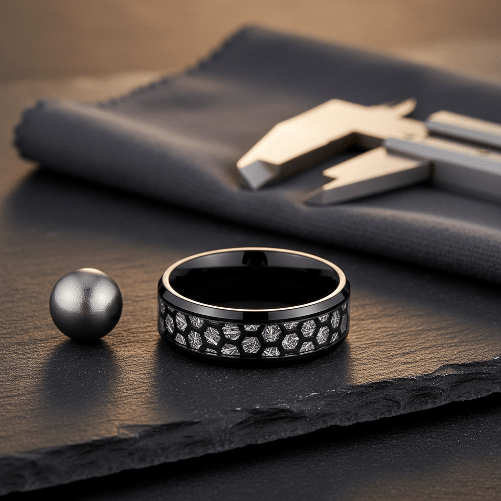 NIKNAM — Editorial masculine still life — men's tungsten wedding ring.