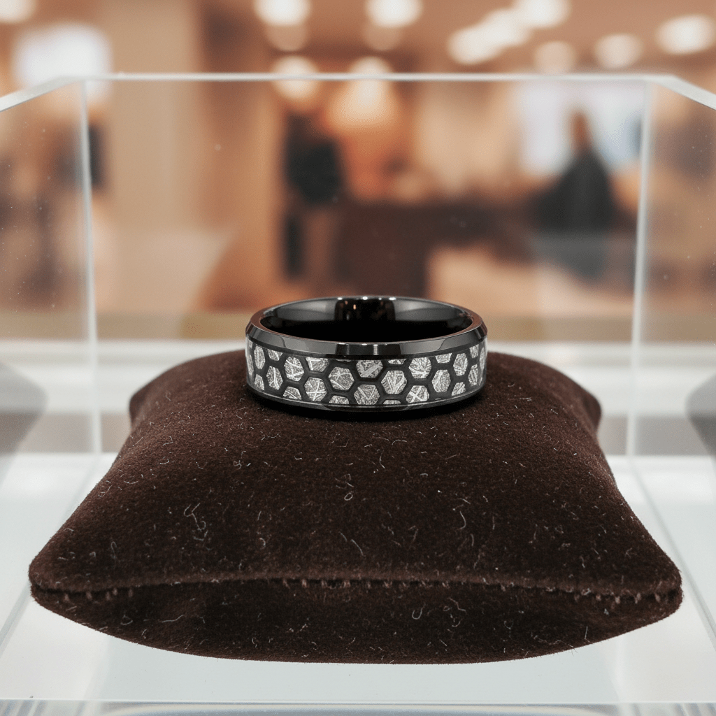 NIKNAM — Premium boutique display on velvet — men's tungsten wedding ring.