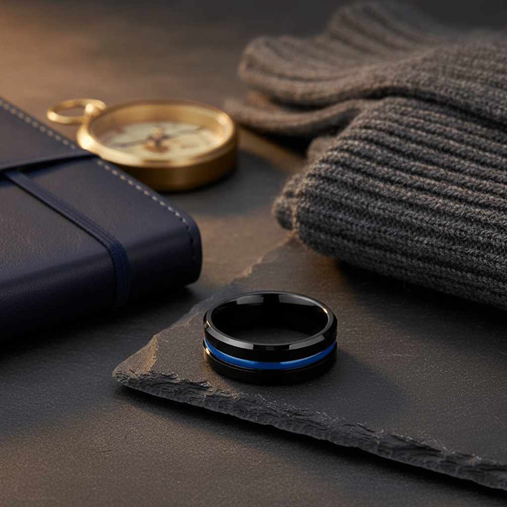 NORWAY — Editorial masculine still life — men's tungsten wedding ring.