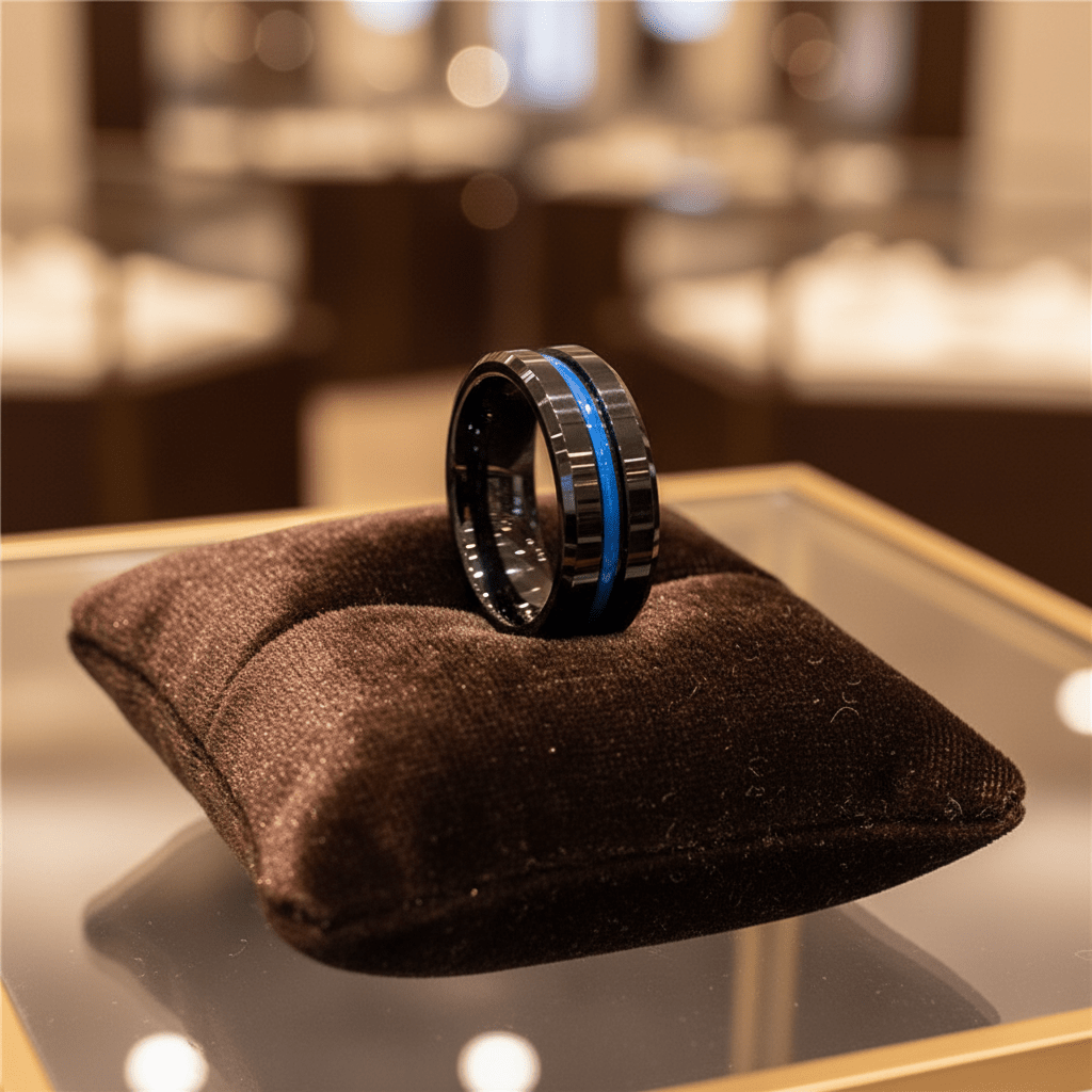 NORWAY — Premium boutique display on velvet — men's tungsten wedding ring.