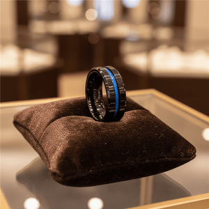 NORWAY — Premium boutique display on velvet — men's tungsten wedding ring.