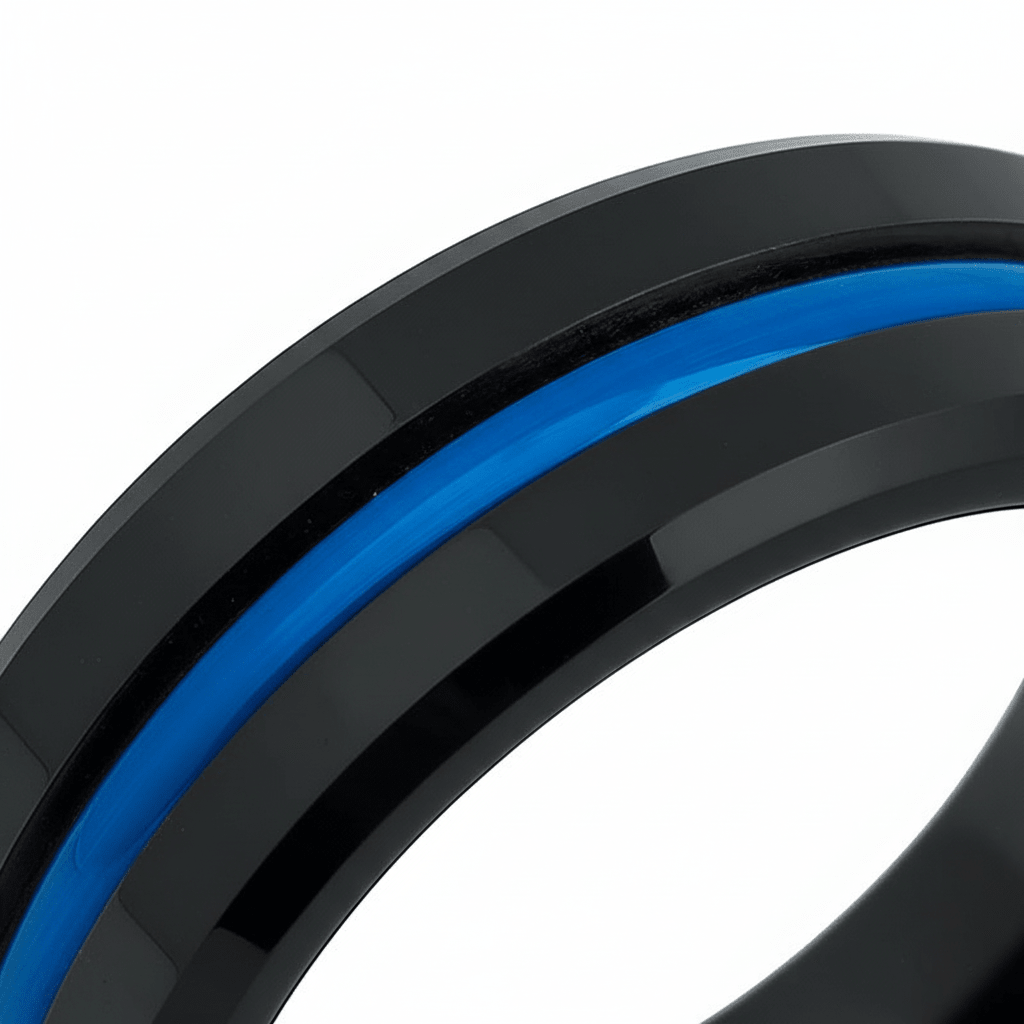 NORWAY — Extreme macro detail — men's tungsten wedding ring.