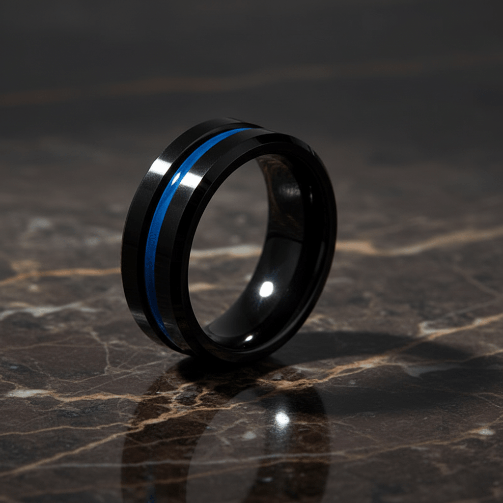 NORWAY — Luxury 3/4 angle on dark marble — men's tungsten wedding ring.