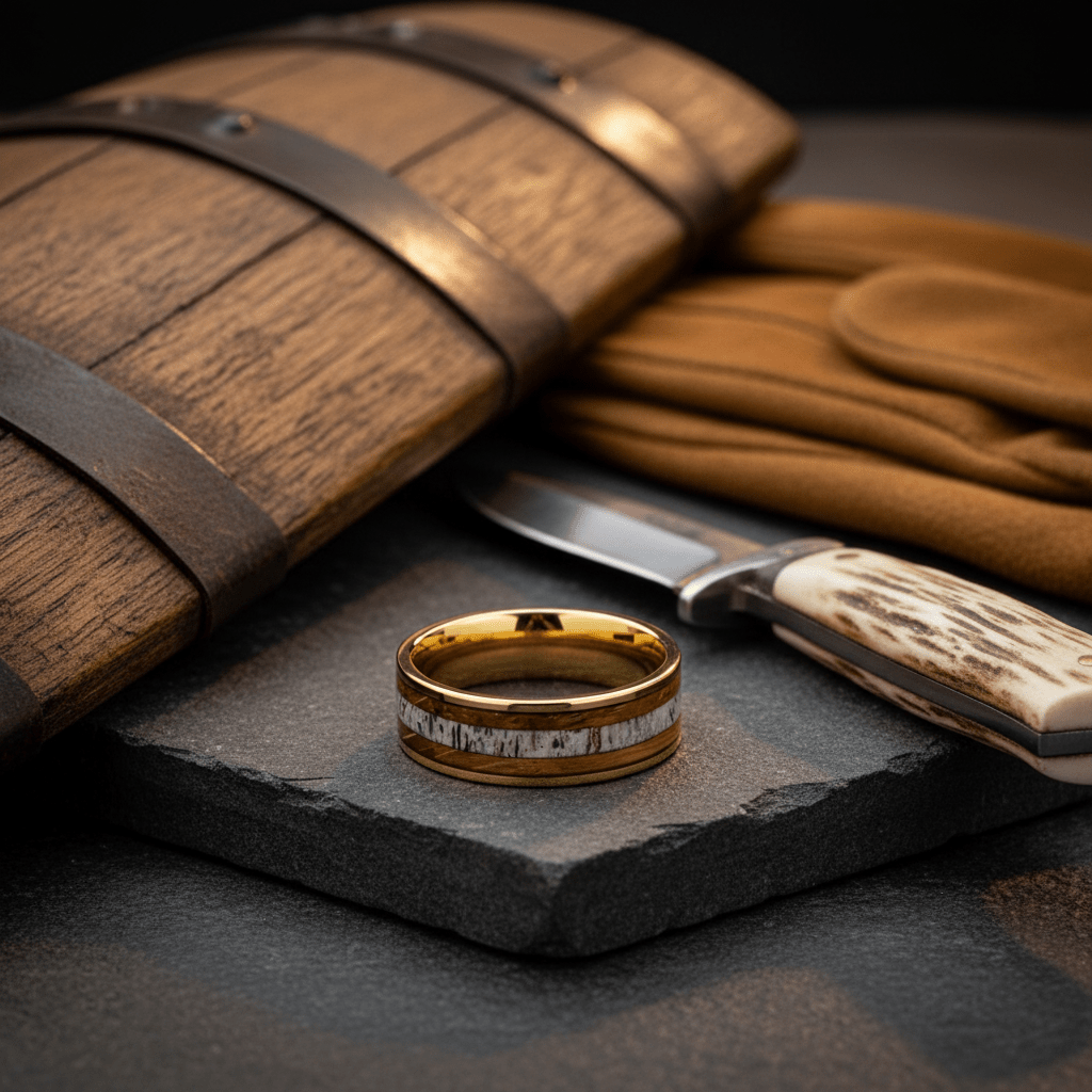 OAKRIDGE — Editorial masculine still life — men's tungsten wedding ring.