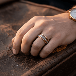 OAKRIDGE — Lifestyle photo on hand — men's tungsten wedding ring.