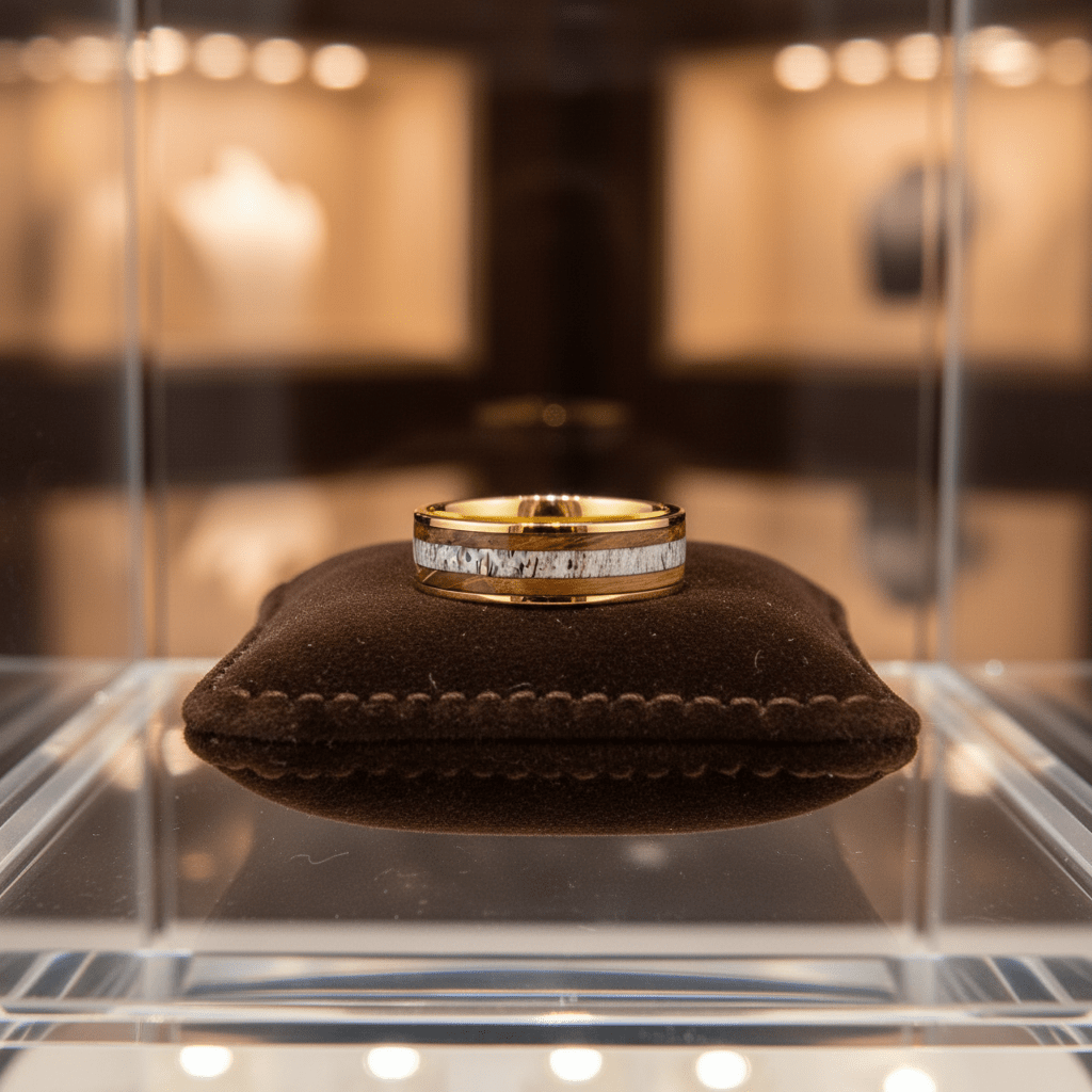 OAKRIDGE — Premium boutique display on velvet — men's tungsten wedding ring.