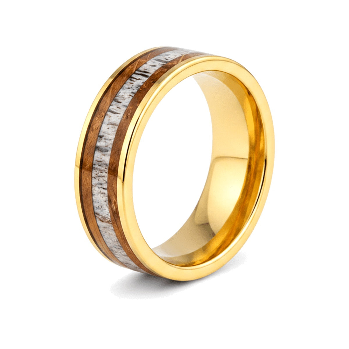 OAKRIDGE yellow gold tungsten ring with whiskey barrel wood and deer antler inlay - front view