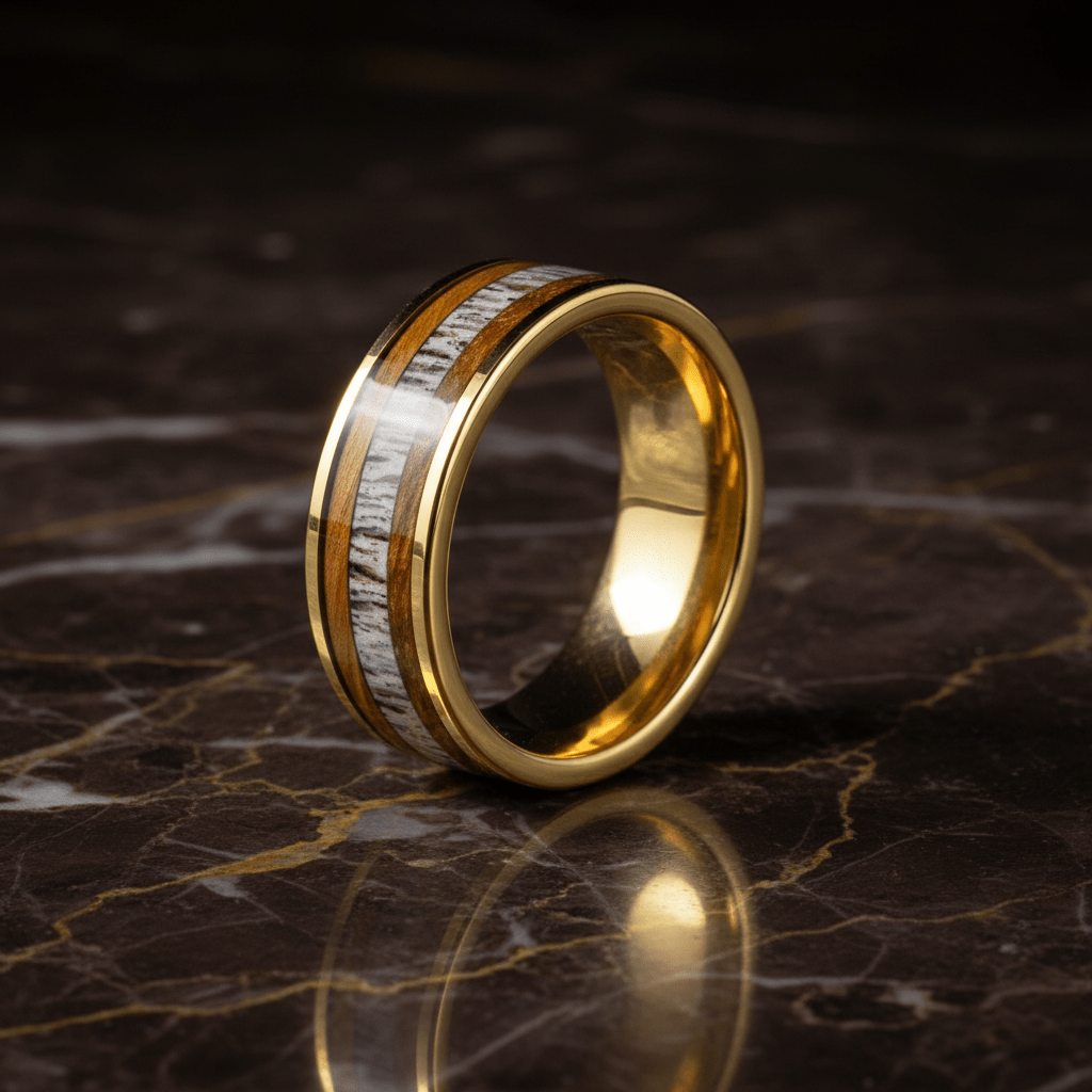 OAKRIDGE — Luxury 3/4 angle on dark marble — men's tungsten wedding ring.
