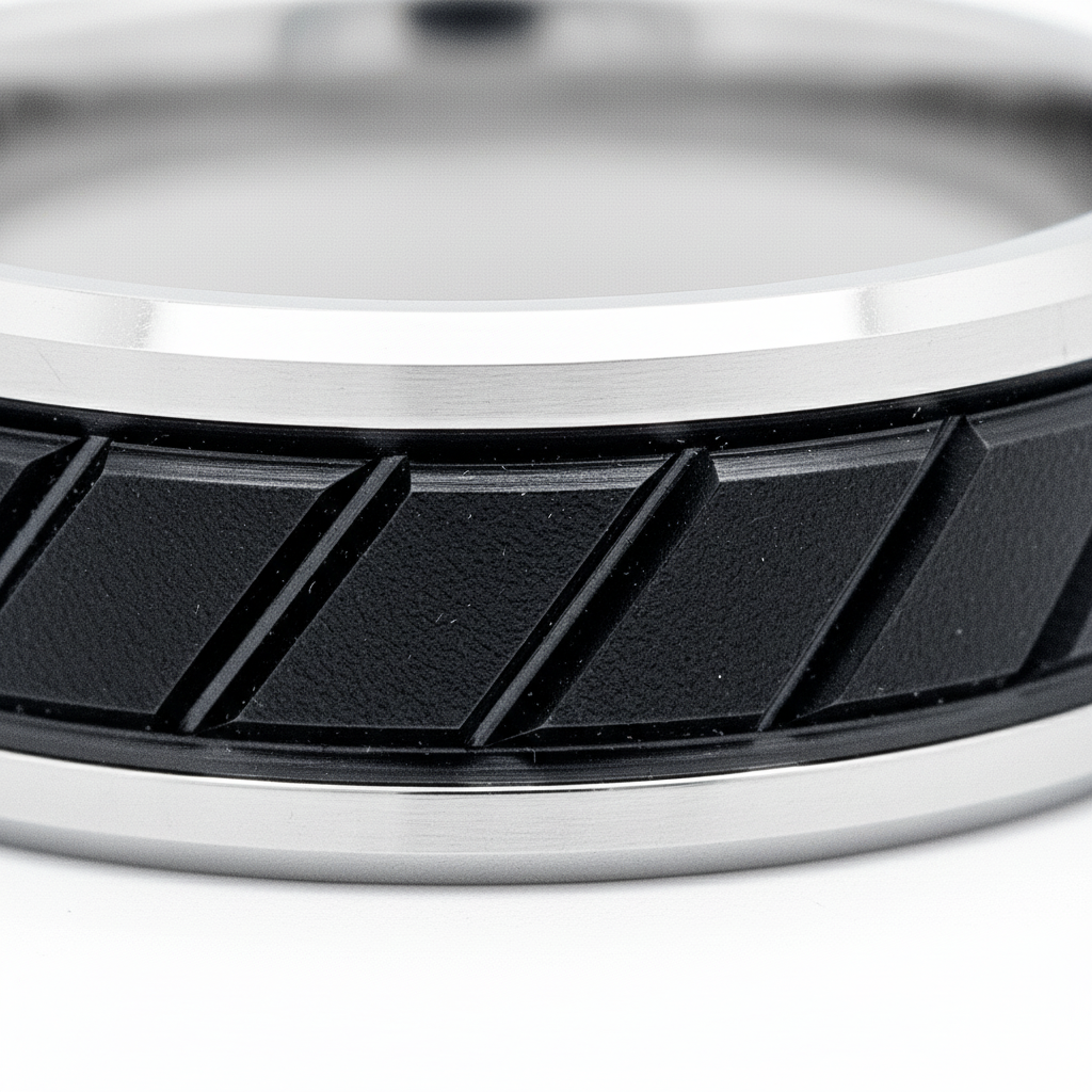 OBSIDIAN — close-up detail — men's tungsten carbide wedding ring | Aydins Jewelry