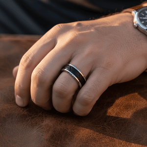 OBSIDIAN — lifestyle on hand — men's tungsten carbide wedding ring | Aydins Jewelry