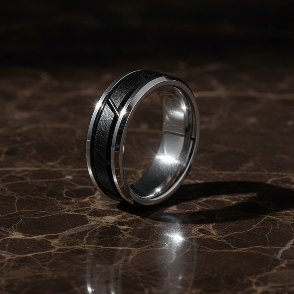 OBSIDIAN — detail view — men's tungsten carbide wedding ring | Aydins Jewelry