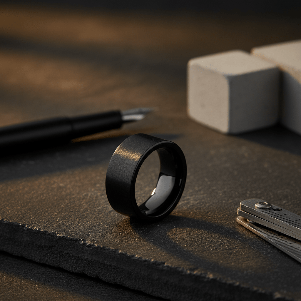 OBSIDIANIX — close-up detail — men's tungsten carbide wedding ring | Aydins Jewelry