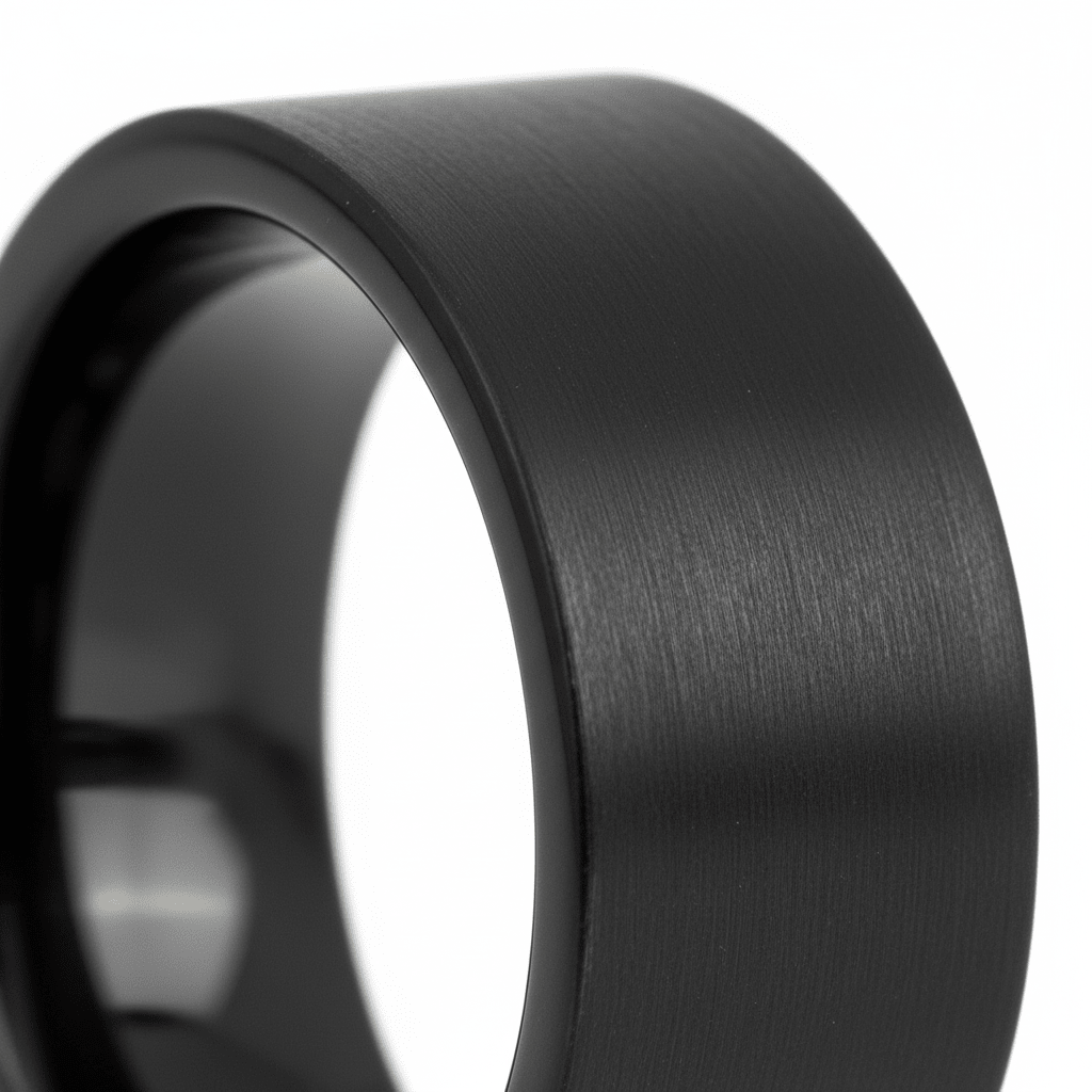OBSIDIANIX — close-up detail — men's tungsten carbide wedding ring | Aydins Jewelry
