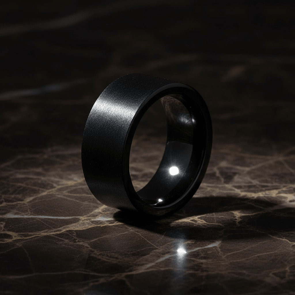 OBSIDIANIX — detail view — men's tungsten carbide wedding ring | Aydins Jewelry