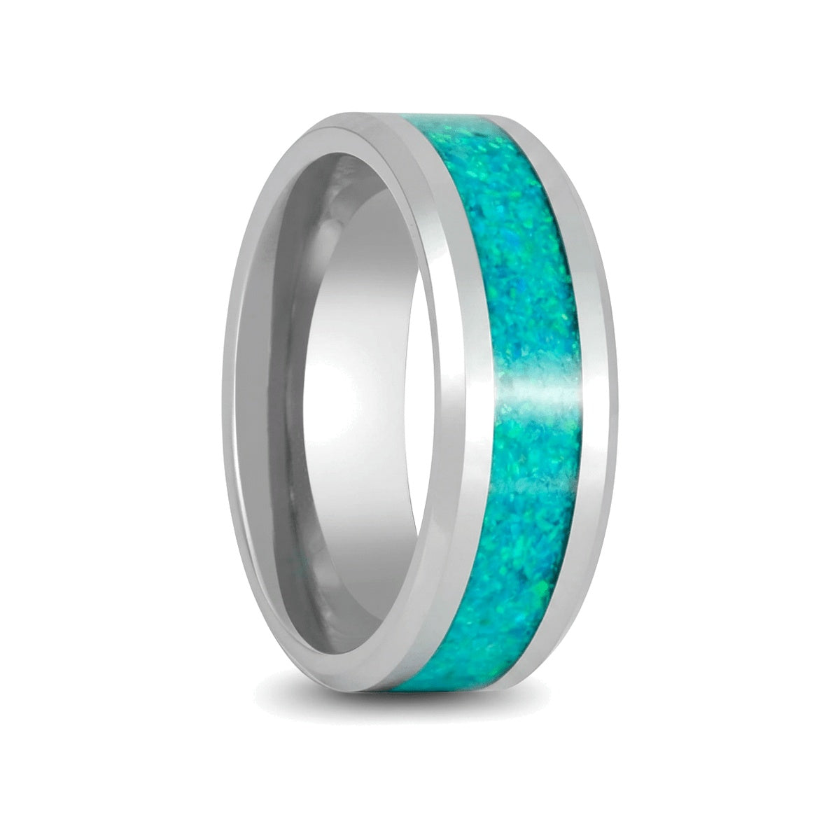 OCEARA silver tungsten ring with kiwi green opal inlay and beveled edges - front view