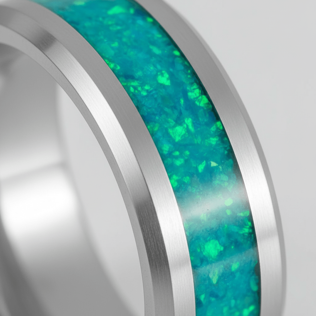 OCEARA — Extreme macro detail — men's tungsten wedding ring.