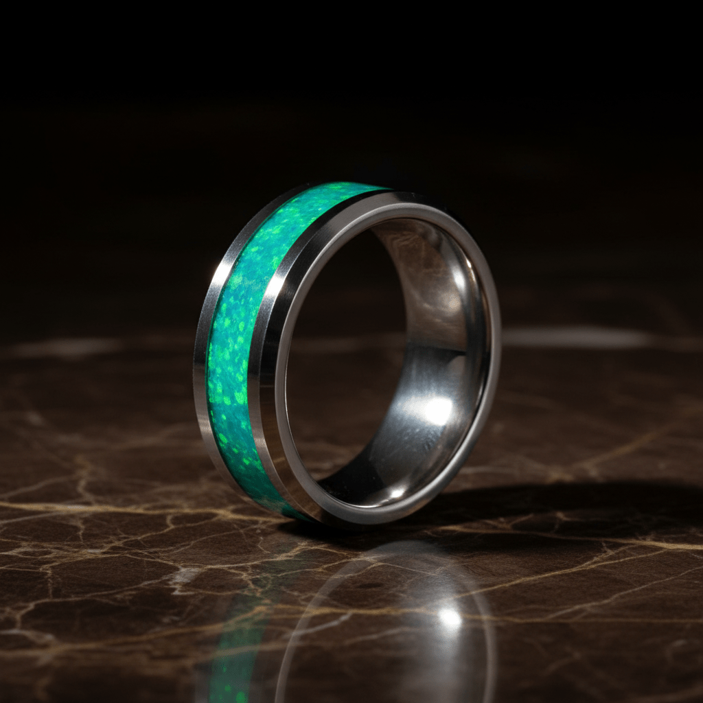 OCEARA — Luxury 3/4 angle on dark marble — men's tungsten wedding ring.