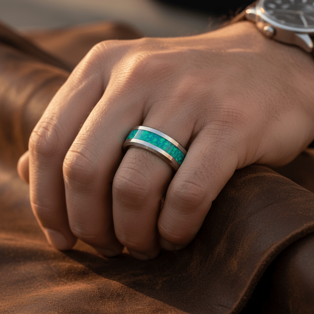 OCEARA — Lifestyle photo on hand — men's tungsten wedding ring.