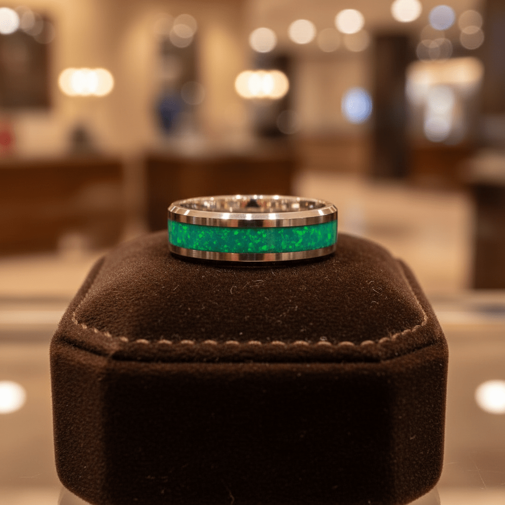 OCEARA — Premium boutique display on velvet — men's tungsten wedding ring.