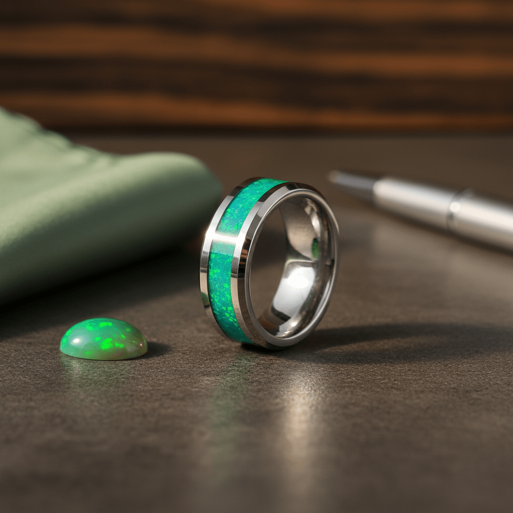 OCEARA — Editorial masculine still life — men's tungsten wedding ring.
