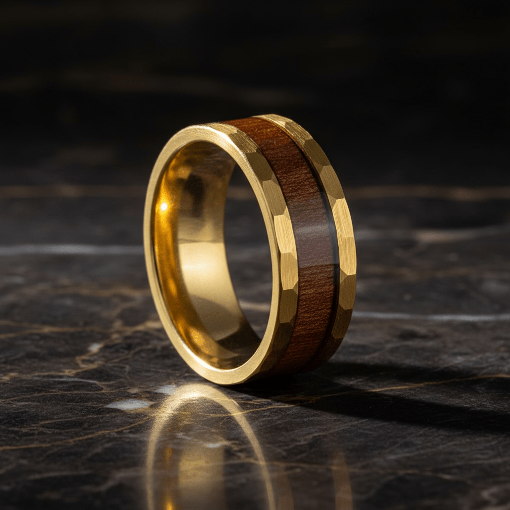 OCTANS — Luxury 3/4 angle on dark marble — men's tungsten wedding ring.