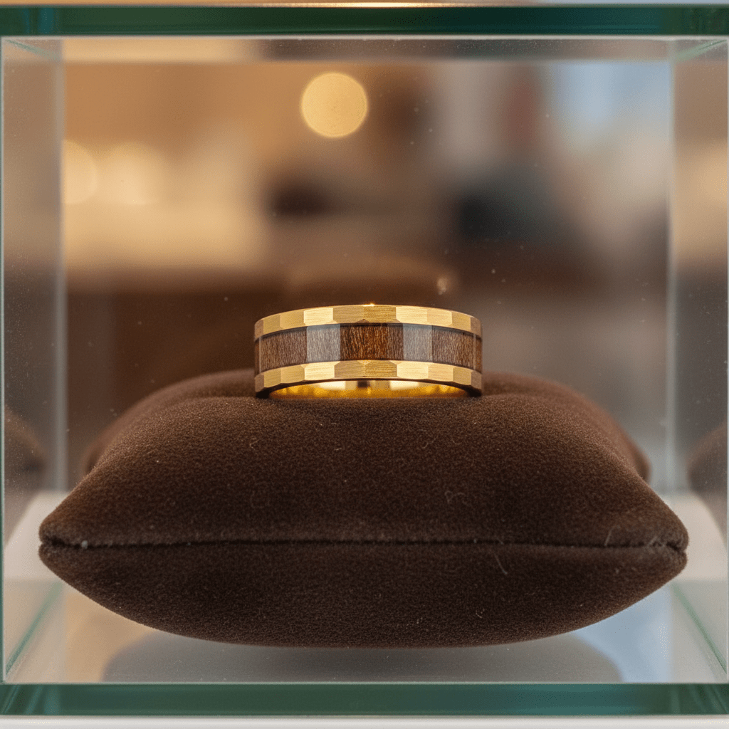 OCTANS — Premium boutique display on velvet — men's tungsten wedding ring.
