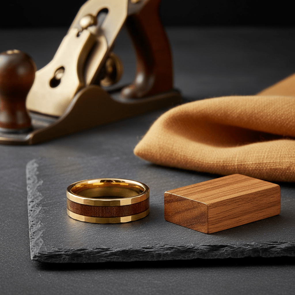 OCTANS — Editorial masculine still life — men's tungsten wedding ring.