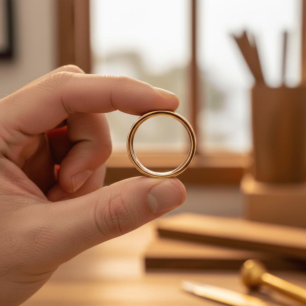 OCTANS — Held between fingers close-up — men's tungsten wedding ring.