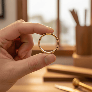 OCTANS — Held between fingers close-up — men's tungsten wedding ring.