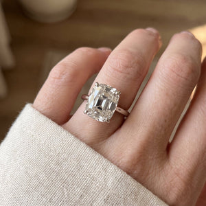Old Mine elongated cushion lab-grown diamond solitaire engagement ring, White Gold, lifestyle