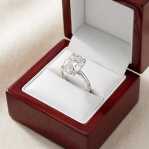 Old Mine elongated cushion lab-grown diamond solitaire engagement ring, White Gold, box