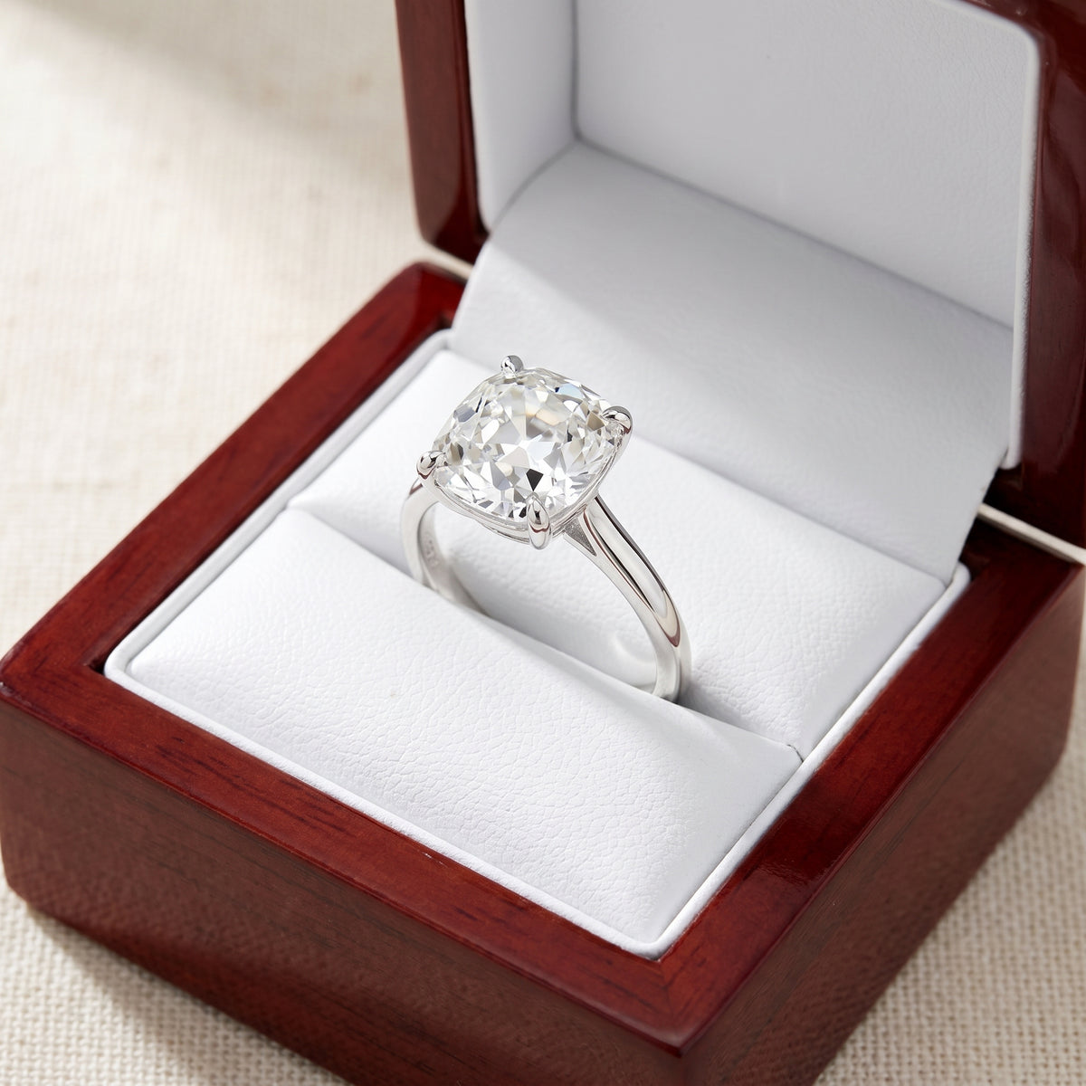 Old Mine lab-grown diamond solitaire engagement ring, 925 Sterling Silver, in cherry-wood ring box
