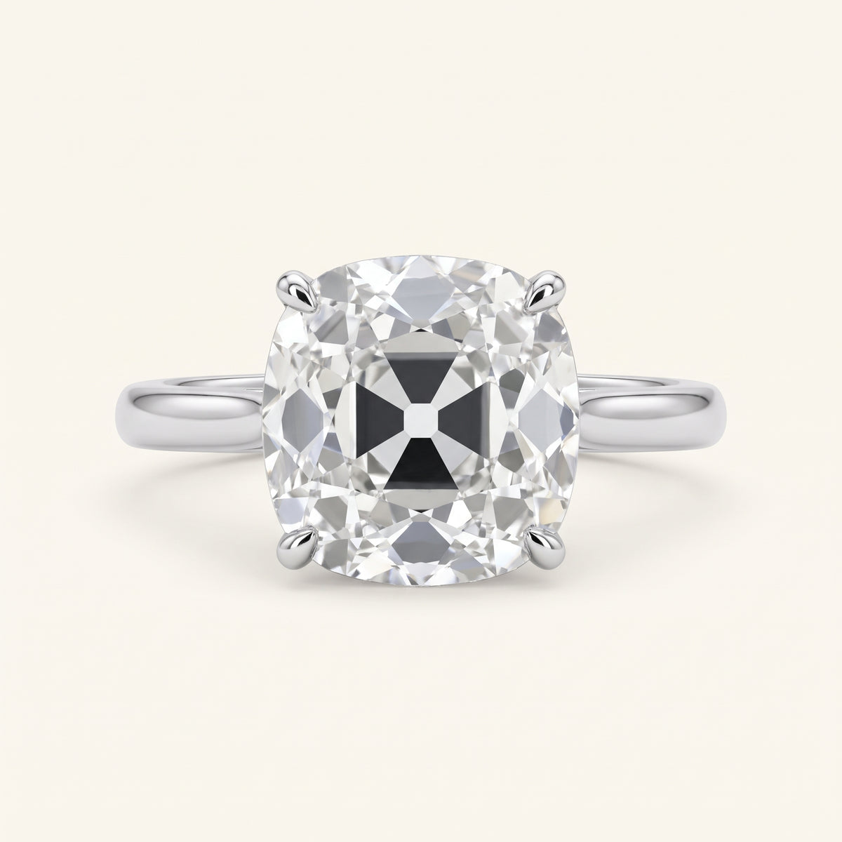 Old Mine lab-grown diamond solitaire engagement ring, 925 Sterling Silver, face-on detail macro