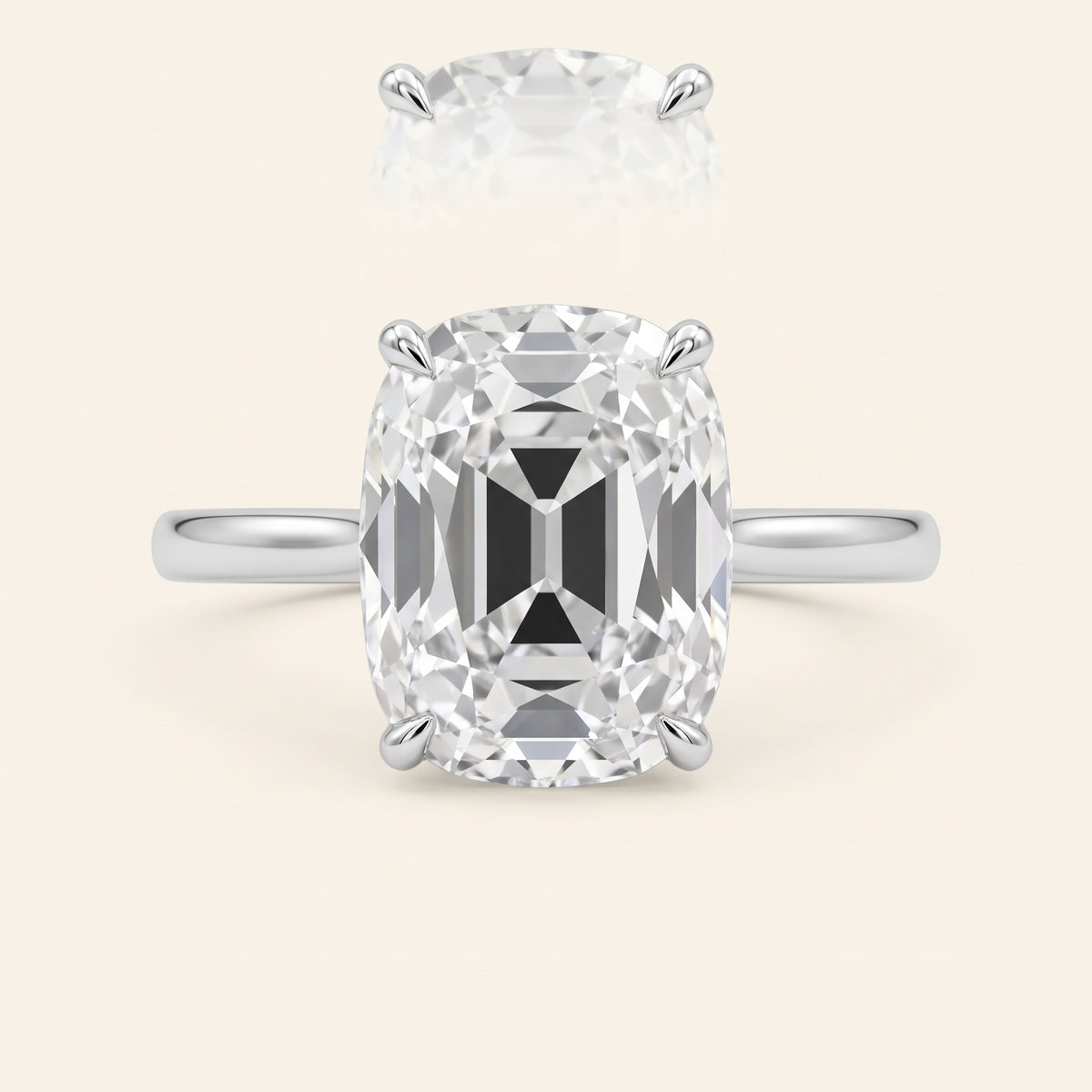 Old Mine elongated cushion lab-grown diamond solitaire engagement ring, White Gold, face-on