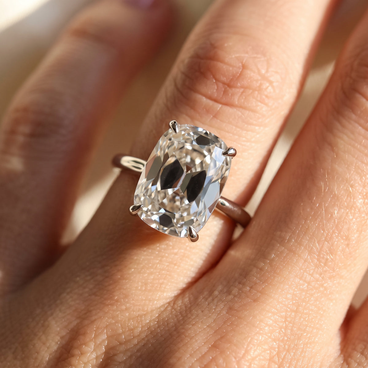 Old Mine elongated cushion lab-grown diamond solitaire engagement ring, White Gold, on-finger
