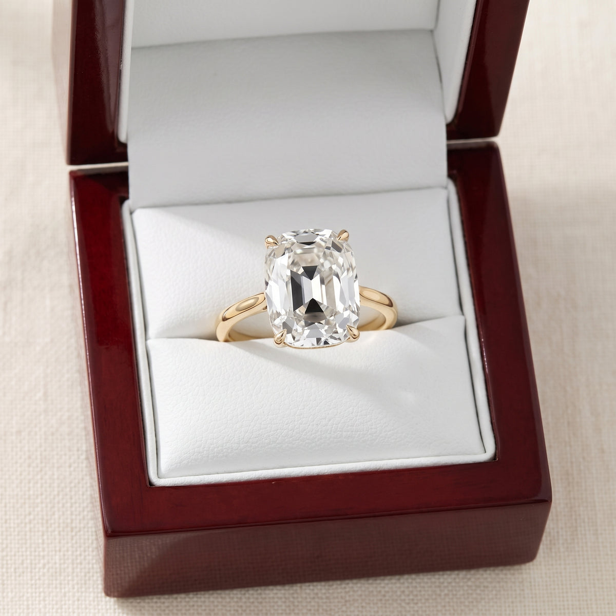 Old Mine elongated cushion lab-grown diamond solitaire engagement ring, Yellow Gold, box