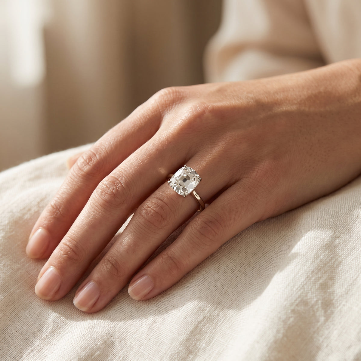 Old Mine lab-grown diamond solitaire engagement ring, White Gold, lifestyle photograph